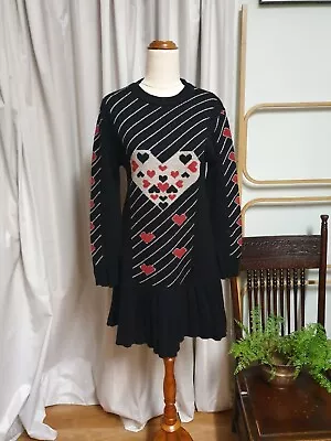 Cute Heart Print Black Pleat Skirt Winter Warm Knit Jumper Dress Size S/M Kuwaii • $28