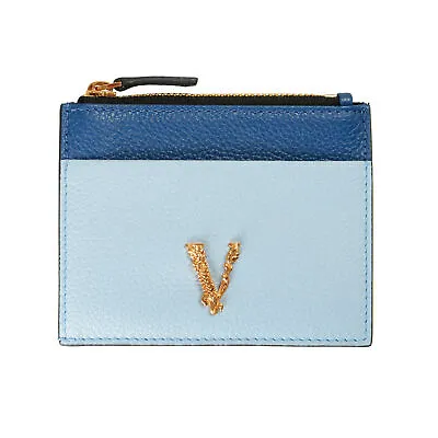 Versace Unisex Textured Leather Blue Gold V-Logo Card Case • $169.99