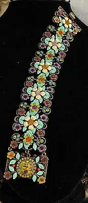 Vintage Michal Negrin Wide Statement Bracelet Enameled Flowers Rhinestone • $97