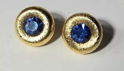 Vintage Monet Round Pierced Earrings Blue Crystal  Rhinestones Gold Tone Signed • $14.95