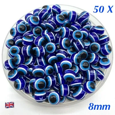 £2.99 • Buy 50 X Blue Evil Eye Round Resin Beads 8mm Top Quality Jewellery Making, Bracelet 