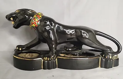 Vintage MCM Mid Century Black Ceramic Panther Cat Statue Green Eye Gold 18  • $175