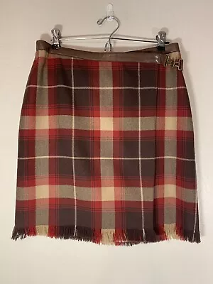 Jones New York Wrap Kilted Wool Plaid Skirt Leather Trim Side Buckle Sz 10 • $39.99