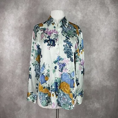 Vince Painted Bouquet Silk Sculpted Long Sleeve Button Down Shirt Women's Sz M • $65