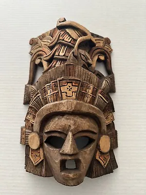 TRIBAL MASK Mayan Aztec Warrior Headdress Hand Carved Wood 3D Folk Art WallHang • $47.77