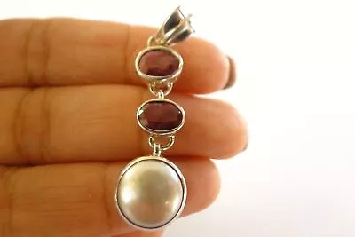 Button Mother Of Pearl Red Ruby 925 Sterling Silver Pendant • $59