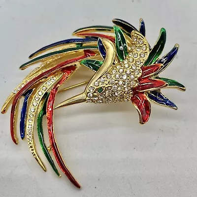 Vintage Brooch Pin  Tropical Bird Of Paradise Multicolored Gold Tone Rhinestone • $10.99