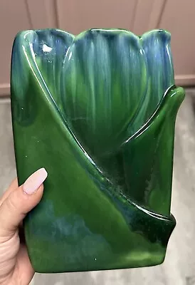 Vintage Royal Haeger Pottery Vase Rectangular Petal Blue Green Drip Fade 8  T • $29.99