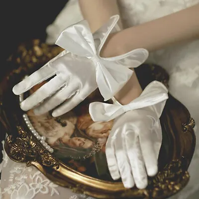 £3.41 • Buy 1 Pair Women Wedding Bridal Bowknot Gloves Short Satin Full Finger Party Glo TE