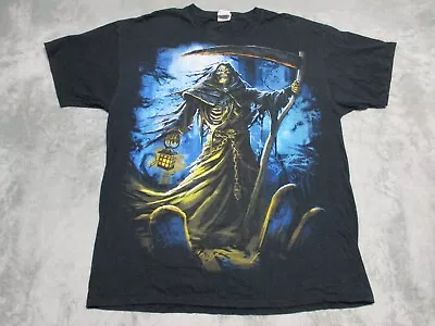 VINTAGE Grim Reaper Pirate Shirt XL Blue Blue Biker Skull Skeleton AOP 3D Mens • $26