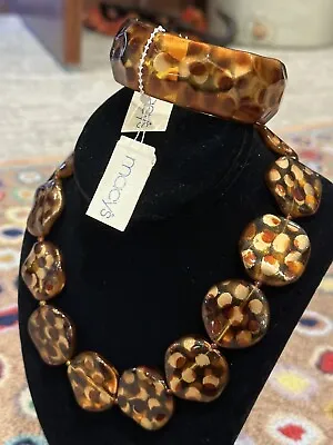 Macy's Tortoise & Gold Lucite Bead Necklace Cuff Bracelet Vintage 1990s Set New • $22.55