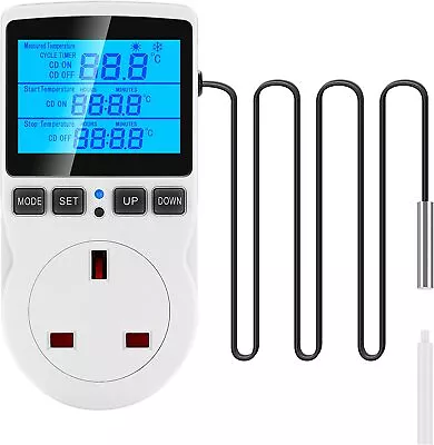 Digital Thermostat Outlet Plug Temperature Controller Heating Cooling With Probe • £29.99