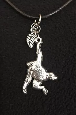 Hanging Monkey Leaf Charm Silver Pendant Necklace 18”Adjustable Black Leather • $17.95