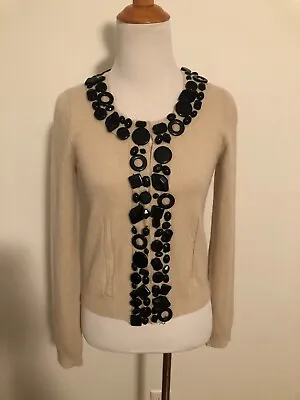 MILLY Of NY Beige W/ Black Beaded Long Sleeve Cashmere Cardigan Sweater - P X-Sm • $19.79