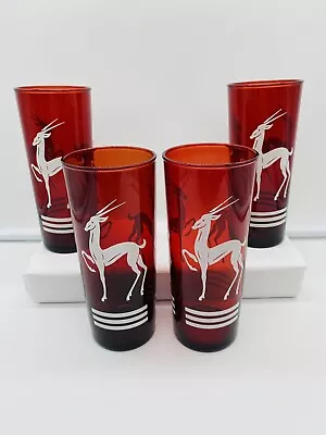 4 Vintage Hazel Atlas Ruby Red High Ball Collins Glasses W/White Gazelles 15 Oz. • $49.99