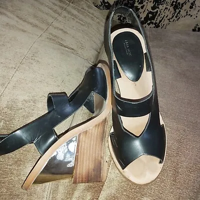 £15.50 • Buy Zara Stepped Heel Shoes Uk 5 Open Toe Black Leather Gold Heels Wedge