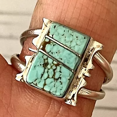 Navajo Long #8 Mine Turquoise Ring Sz 7.5 Sterling Signed Steve Francisco Rect S • $54.94