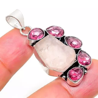 Rose Quartz Rough Rubillite Gemstone 925 Sterling Silver Pendant 1.81  V949 • $6.99