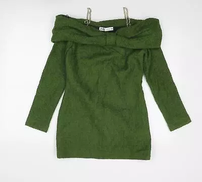 Zara Womens Green Acrylic Jumper Dress Size S Off The Shoulder Zip - Chain Strap • £6