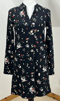 Mango Basics Jersey Shift Dress Size XS Black & Red Floral Stretchy Long Sleeve • $19.92