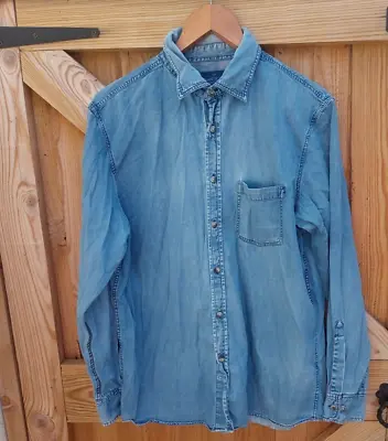 £7.99 • Buy Men's Shirt Denim Cotton Blue Button Down ATLANTIC BAY Size L Casual Chest 46 
