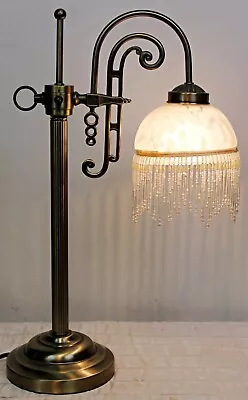 Faux Vtg Style Brass Table Lamp Beaded Fringe White Frosted Glass Shade Art Deco • $153
