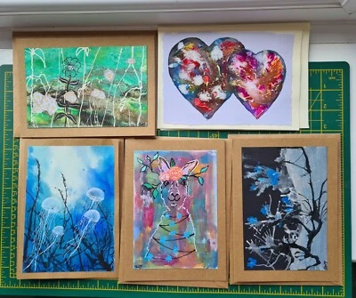 £4.50 • Buy Handpainted Unique Original Greetings Cards Blank Inside 5 Cards With Envelopes 