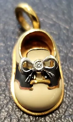 Aaron Basha 18k Yellow Gold Baby Shoe Pendant With Diamond Bow - Mint Condition! • $700