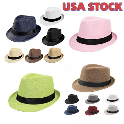 Men Women Straw Jazz Fedora Hat Trilby Cuban Sun Cap Panama Short Brim SummerUSA • $9.54