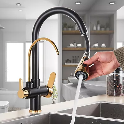 3 Way Swivel 2 Handle Black Kitchen Sink Pure Drinking Filter Water Tap Faucet  • £45.99