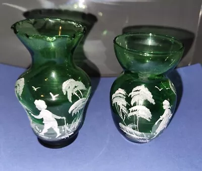 Vintage Antique Mary Gregory Girl & Boy Green Glass Mini Vase Pair • $24.99