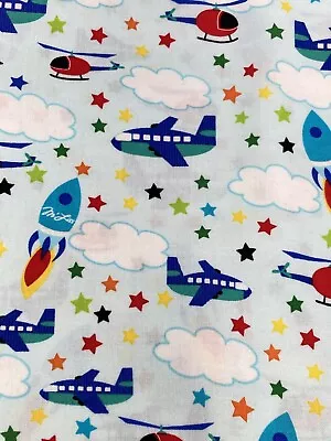 M'Liss Fabric Via Land Sea & Air Airplanes Helicopters On Baby Blue 2Y X 44  W • $23