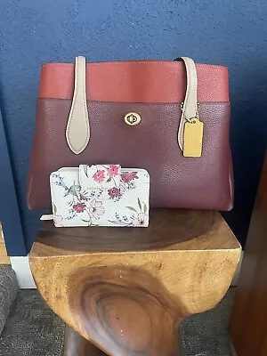 Coach Color Block Lora Carryall Taupe/Red/Sand  W/Floral Wallet • $55