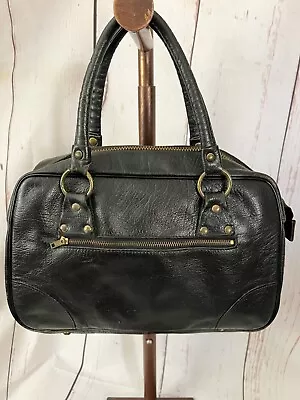 Vintage Handcrafted Black Leather Satchel Handbag Top Zip Double Handles • $15.25