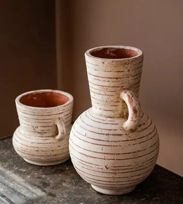 Rustic Terracotta Mediterranean Vase Style Amphora Whitewashed Indoor Flower Pot • £11.99