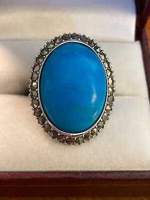 DW Sterling Silver .925 Turquoise Blue Dyed Howlite (?) Marcasites Ring Sz 9 • $49.99
