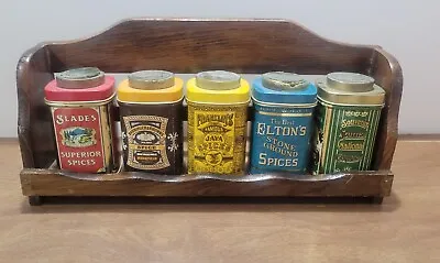 Vintage Tin Spice Containers On Wood Spice Rack • $25