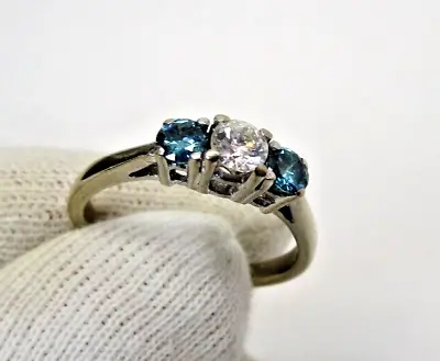 Vintage 3 Stone 14k White Gold Diamond Ring Blue Irradiated Blue Diamonds • $650