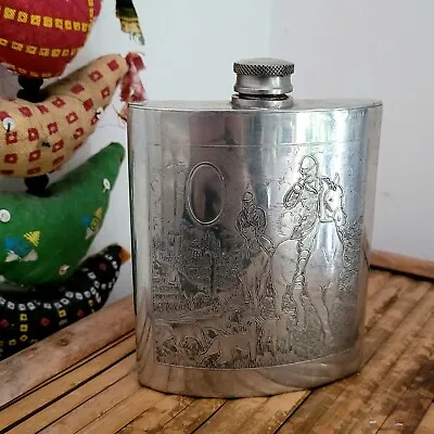 £49.50 • Buy Vintage Sheffield Rose English Pewter Silver Hip Flask Alcohol Fox Hunting Etch