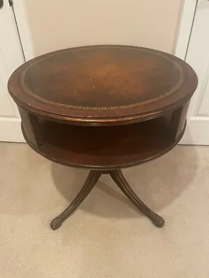 Weiman Inlaid Leather Round Drum Coffee Table 28  Wide 28  Tall  • $725