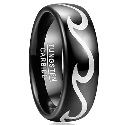 8MM Tungsten Carbide Men Women Ring Laser Wave Pattern Black Tungsten Ring Band • $24.99