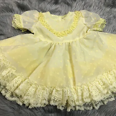 Vintage Baby Girls Yellow Sheer Lace Ruffle Heart Print Dress • $65