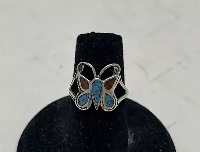 Old Pawn Sterling Silver Butterfly Coral Turquoise Ring Sz6 2G Navajo Rare L@@K • $20