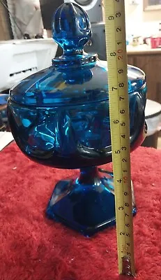 Vint Viking Bluenique Blue Art Glass Covered Pedestal Candy Dish Compote Retro O • $99.99