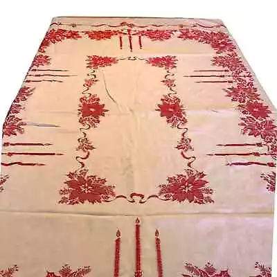 Vintage 1950s Christmas Embroidered Reversible Tablecloth Napkins Set  • $25