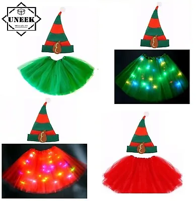 Christmas ELF TUTU COSTUME Adults Kids Santa`s Helper Fancy Skirt Dress Party UK • £12.20