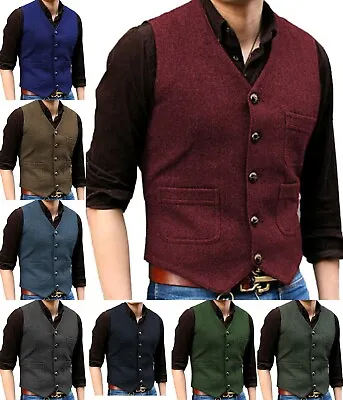 Mens Tweed Waistcoats Vest Herringbone Vintage Formal Wedding Retro 42 44 46 48 • £23.99