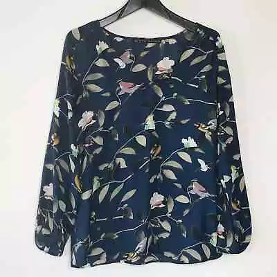 Zara Top Small Navy Bird Print Long Sleeve Blouse Floral Bird Novelty Print  • $35