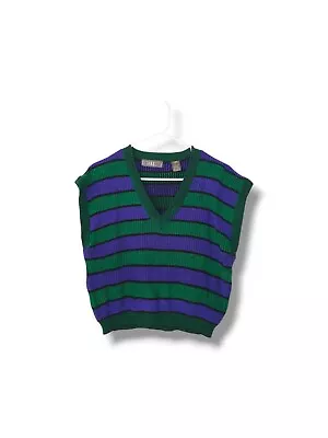 Vintage 80's Gitano Knits Acrylic V-Neck Geen Purple Striped Sweater Vest Size L • $21