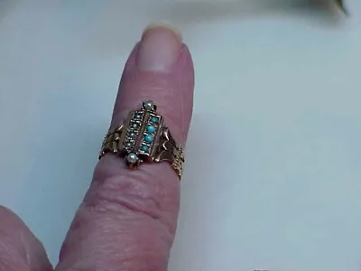 Victorian 14k C1885 Snake Eye Turquoise Blue Seed Pearl Rose Gold Ring Sz 4.75 • $429.99